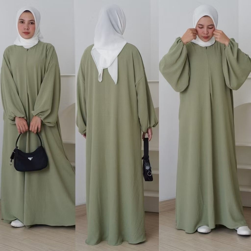 gamis polos lengan balon gamis bahan  crinkle untuk wanita gamis terbaru