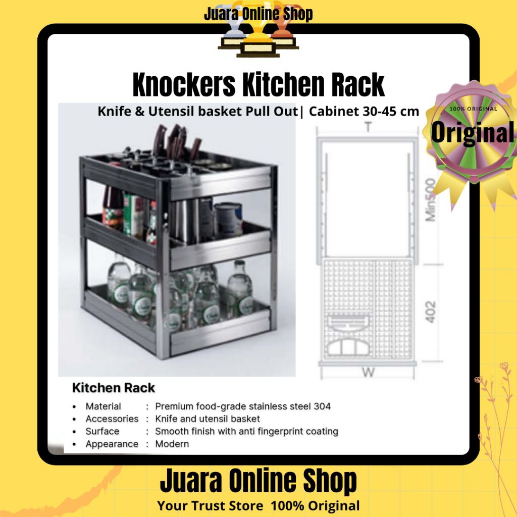 KNOCKERS KITCHEN AKSESORIS RAK BUMBU PISAU STAINLESS STEEL 304 SW 300 350 400 450A 3 SUSUN PULL OUT