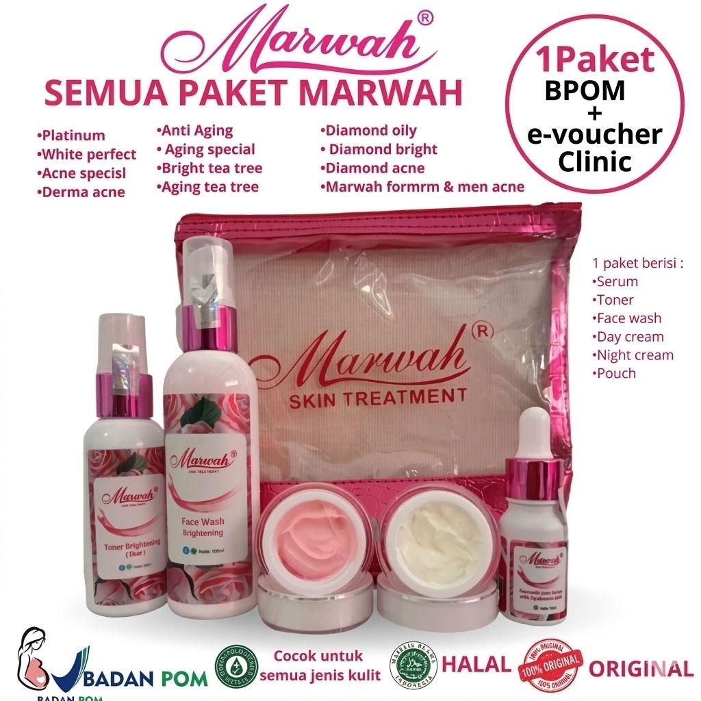 Marwah Skincare semua paket BPOM+ E voucher platinum diamond bright tea tree anti aging oily flek hi