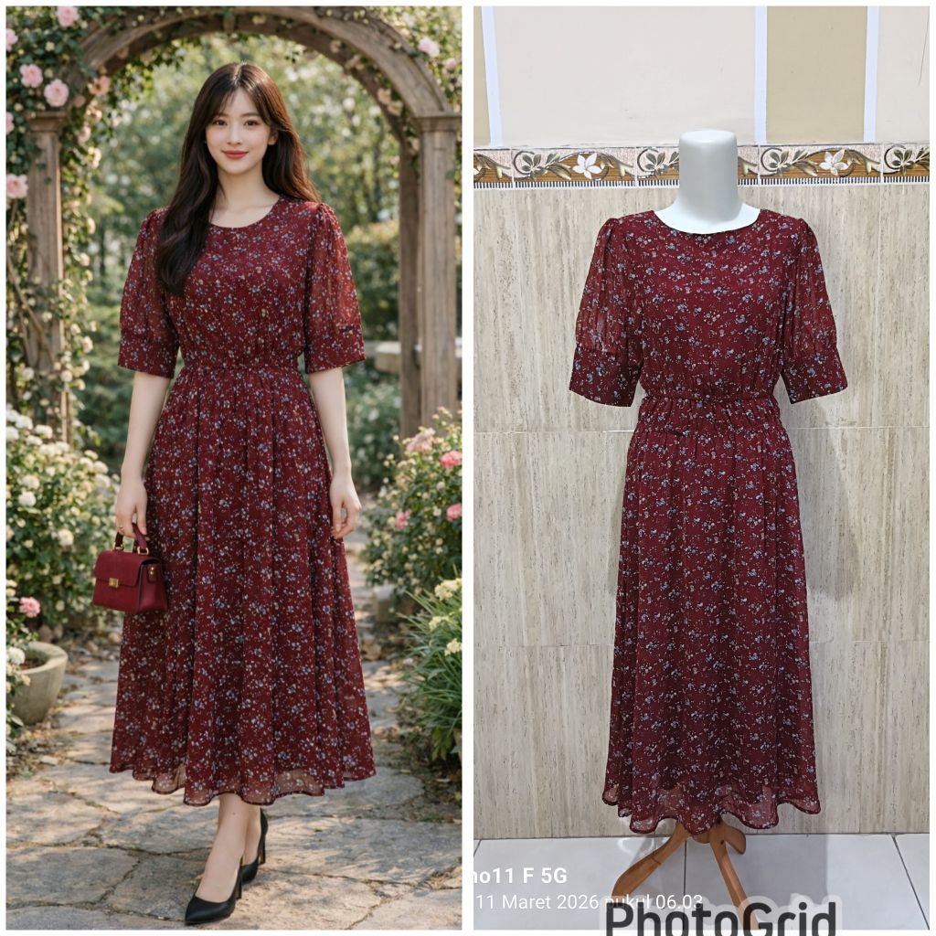 Dress super premium merah maroon motif bunga smocked lengan balon