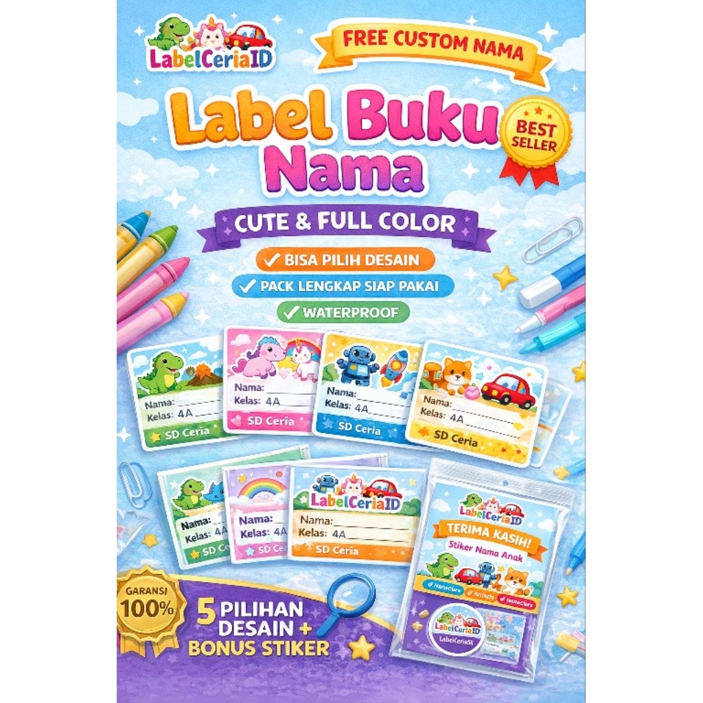 44 PCS Label Buku Nama Anak Custom Waterproof | Stiker Nama Sekolah Lucu | Label Buku Anti Air | Sti