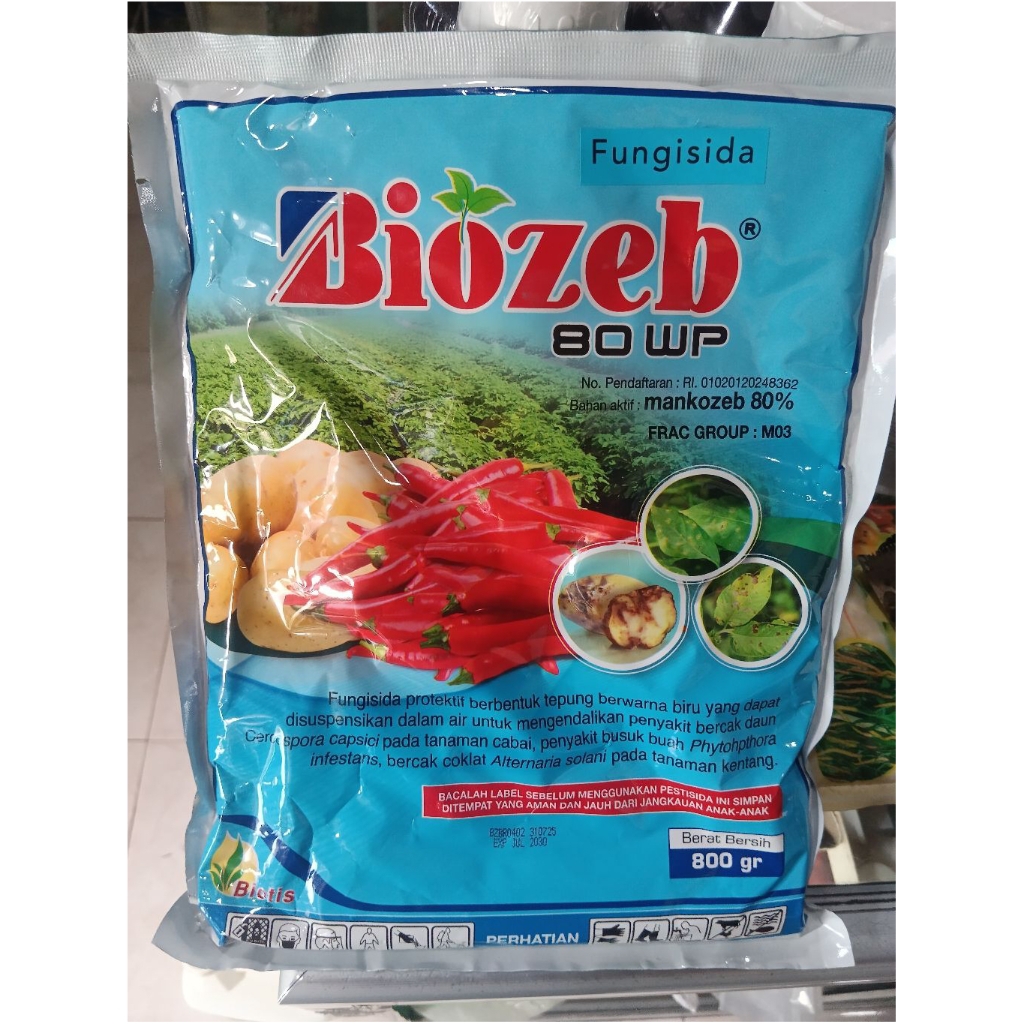 Fungisida Biozeb 80WP 800gram Bahan aktif mankozep 80% bewarna biru mengatasi bercak daun dan antran