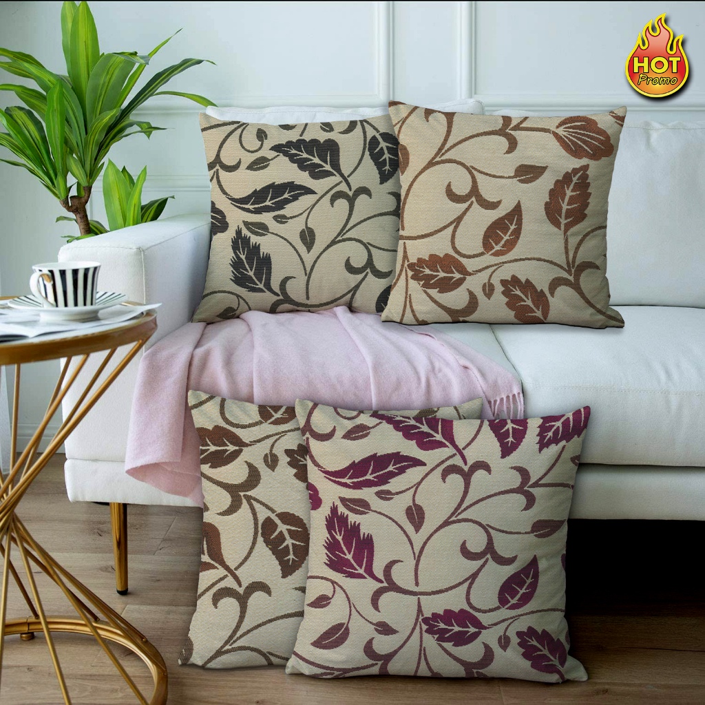 Sarung Cushion Bantal Sofa Kursi Tamu Motif Daun Bunga Cream Ungu Pink Hitam Ukuran 40x40 45x45