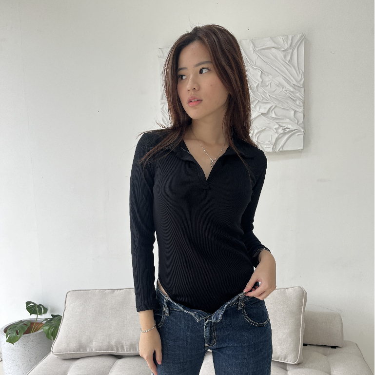 [Lolabae] RUBY Polo Bodysuit Rajut | Bodysuit Berkerah Lengan Panjang | Kaos Wangki Polo Rib Knit