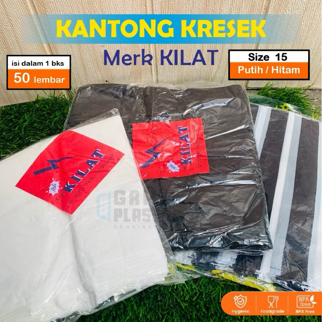 [50 lbr] Kilat 15 - Kresek merk Kilat Tebal Kuat - Kantong Kresek Hitam - Kantong Kresek Putih