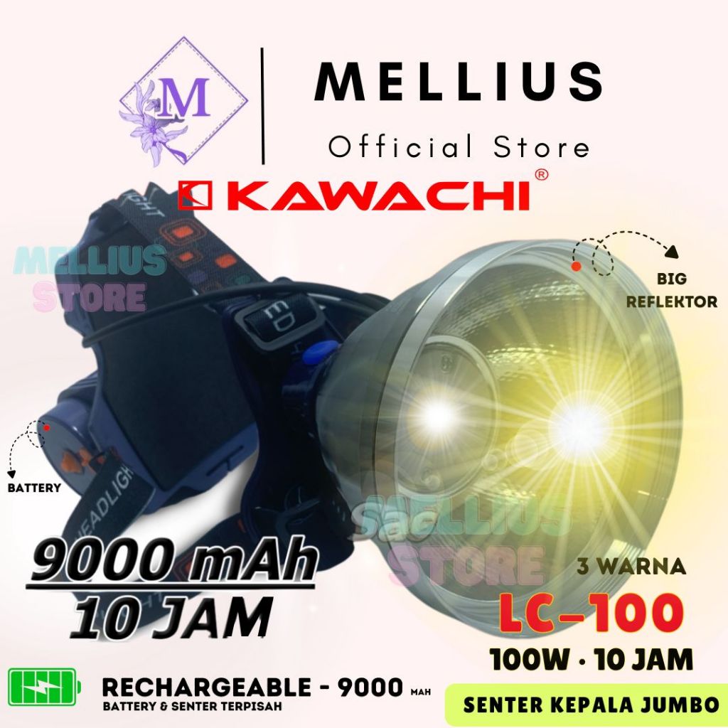Senter Kepala 100watt Kawachi LC-100 Original COB LED Super Terang 3 Cahaya Kuning Putih SOS WaterPr