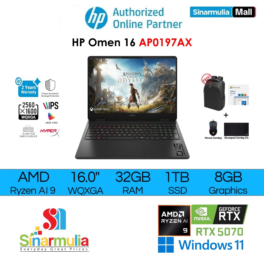 HP OMEN 16-ap0197AX Ryzen AI 9 365 RTX5070 1TB SSD 32GB WQXGA IPS 100%sRGB Win11+Office2024