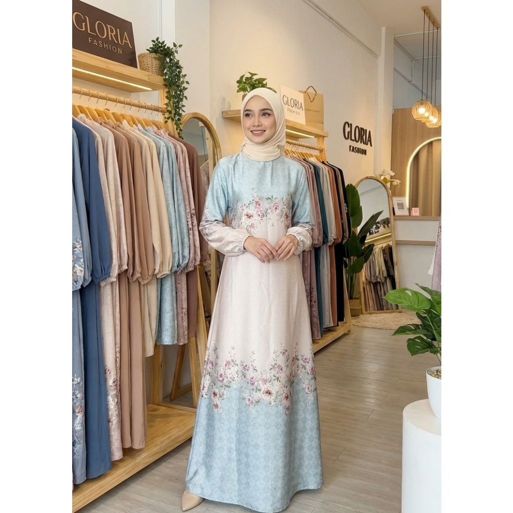 Gloria Gamis Long Dress Silk Premium  - Gamis Kondangan Mewah - Biru Langit