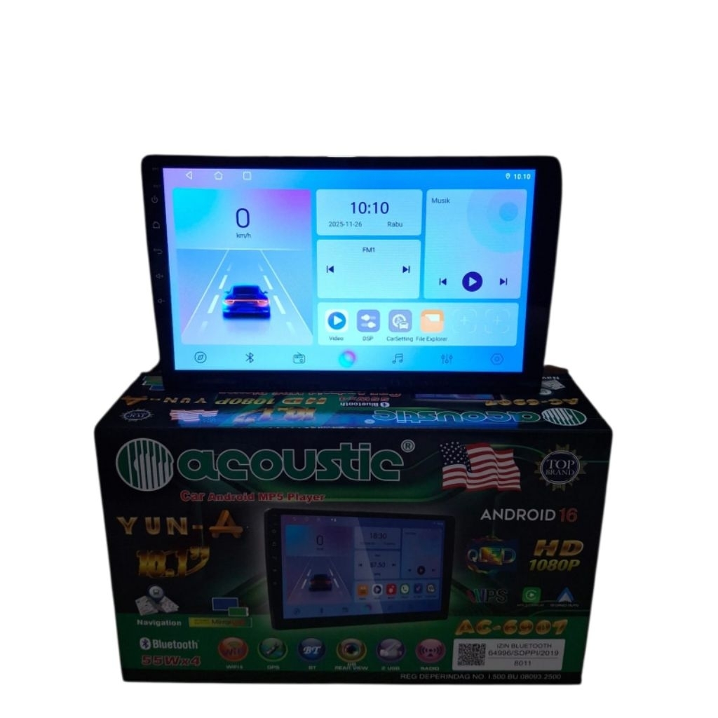 Head unit android 10 inch acoustic ac-6907 ram 4+128 support android auto+carplay