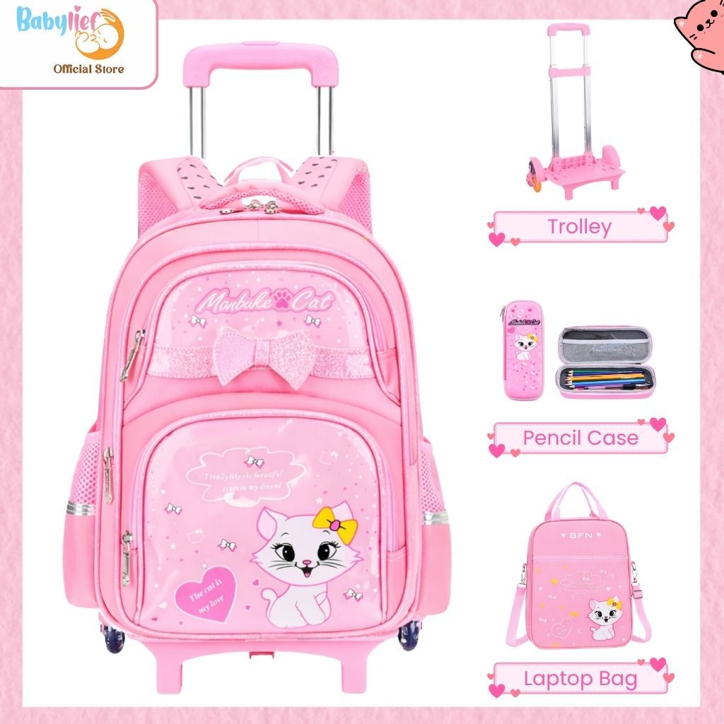 Babylief Tas Troli Anak 3in1 – Ransel + Selempang + Tempat Pensil Karakter Kucing Roda Lepas Pasang 