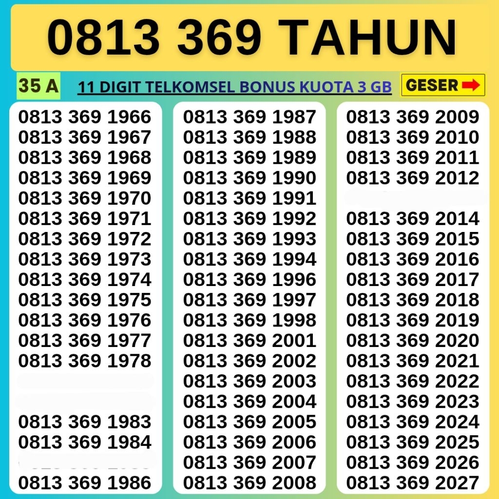 Nomor Cantik 11 Angka Telkomsel Bonus Kuota 3GB Tahun Hoki 369 Tahun Kartu Perdana Telkomsel Tsel Re