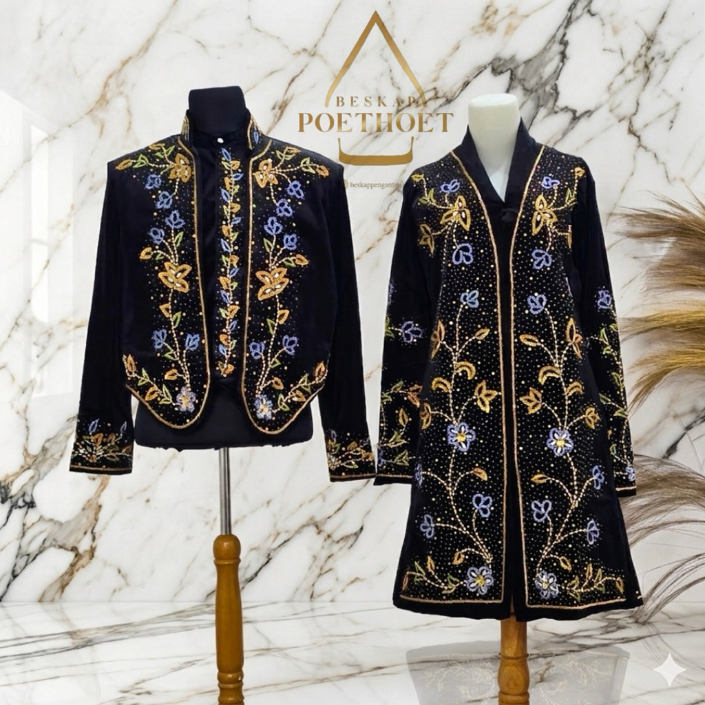 Beskap poethoet sepasang beskap dan kebaya pengantin adat Jawa solo putri beludru hitam payet denim 