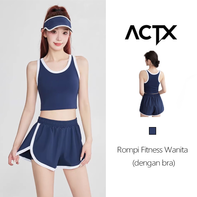 [ACTX] Set Olahraga Wanita 2in1 (Crop Top + Celana) Baju Gym Yoga Korea Retro - Ada Cup Bra (Bebas T