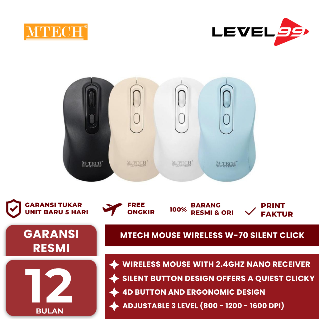 MTECH Mouse Wireless W-70 Silent Click 2.4Ghz Recharge Battery - Mouse Wireless Silent M-TECH W70 - 