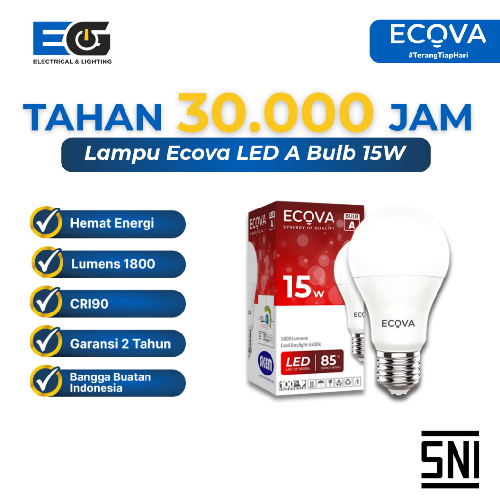 Ecova - Lampu A Bulb LED | Lampu Bohlam Hemat | 6500K Putih | 4000K Natural | 3000K Kuning | 15 Watt