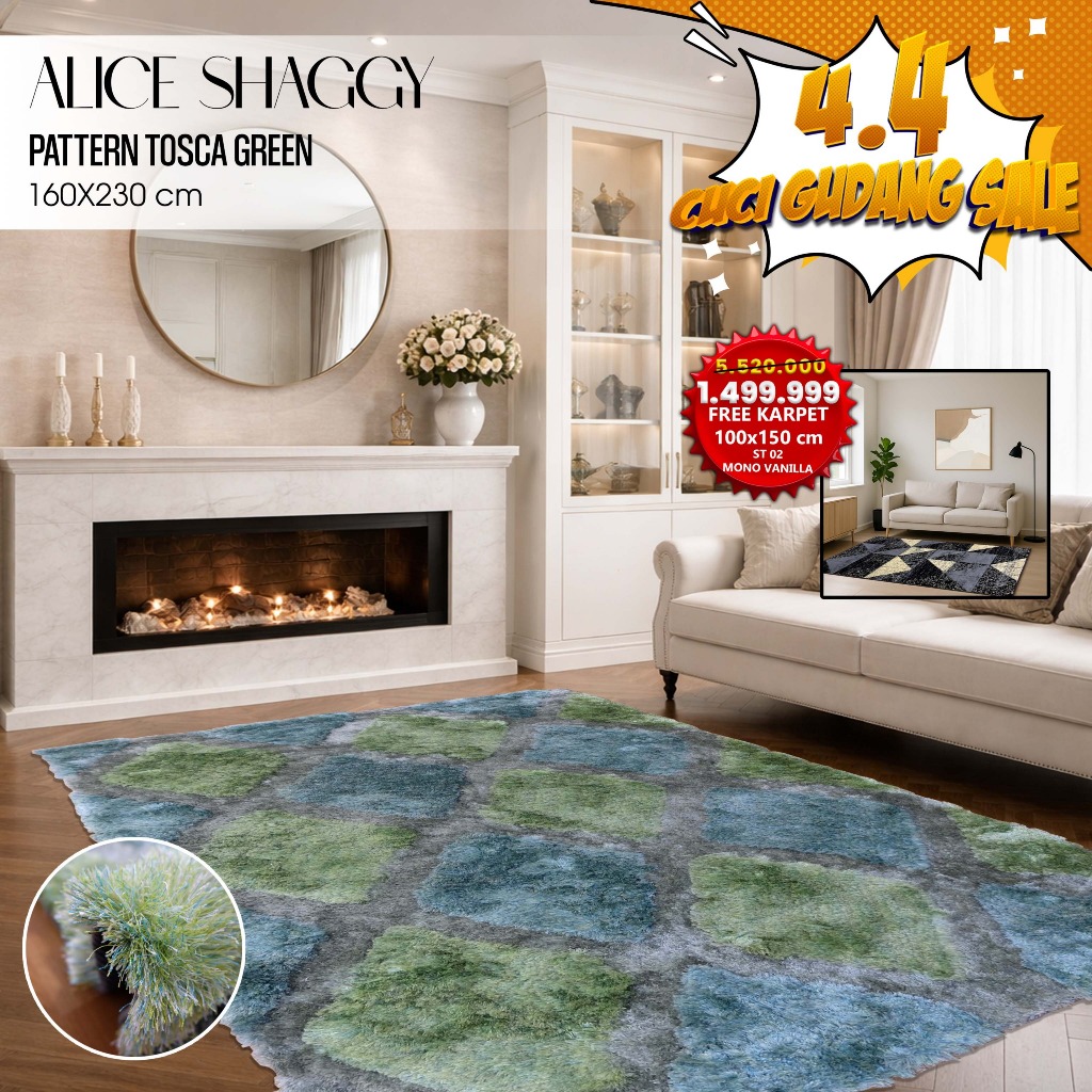 KARPET ALICE SHAGGY UK 160X230 TOSCA GREEN, KARPET IMPORT CANTIK, SHAGGY BULU TEBAL, SHAGGY RUGS POL