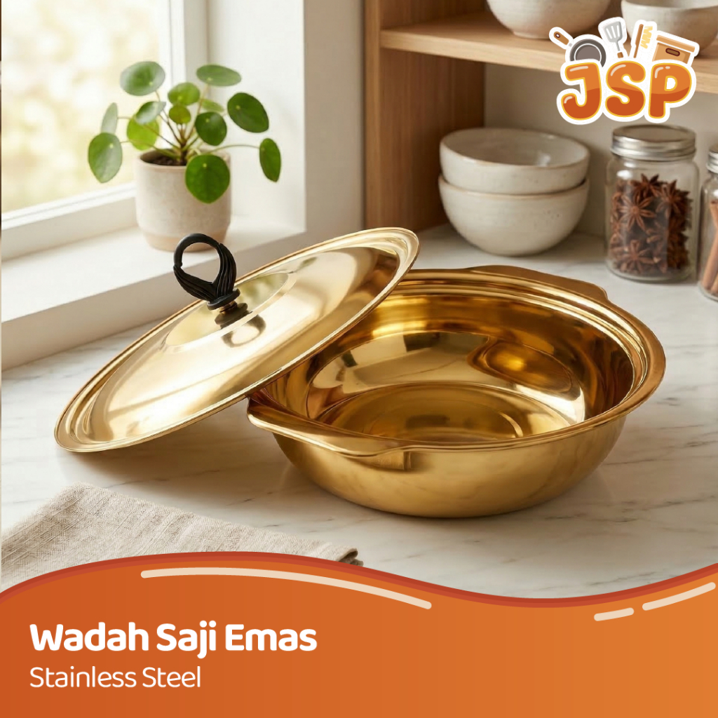JSP - Baskom Gold Stainless Steel + Tutup 23-26-29 cm Wadah Saji Mewah