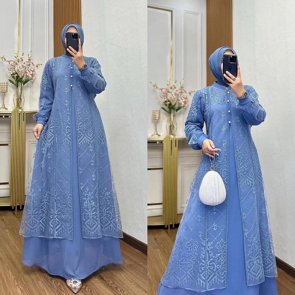 Leya Dress Maxy Gamis Lebaran Brukat Mix Tileu Mewah Elegan  gamis mewah elegan terbaru 2026 modern 