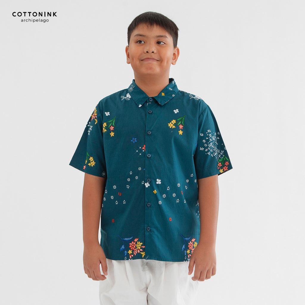 COTTONINK - Atasan Kemeja Anak Laki Laki Hara Puspa Biru #ArchipelagoSemilir