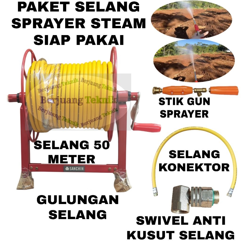 Paket selang steam, Selang Sprayer, selang air 50 meter komplit gulungan dan stik
