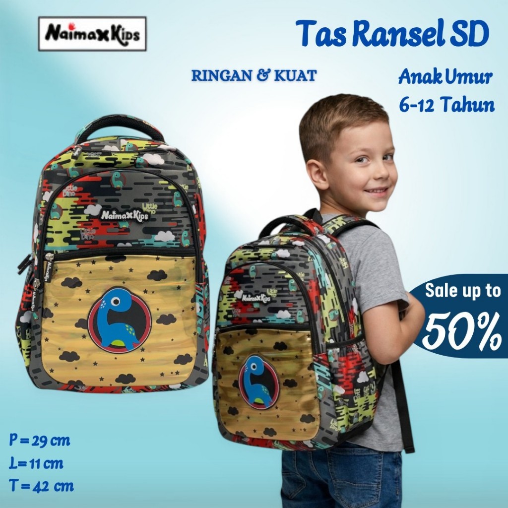 Naimax Kids Tas Ransel Anak Laki-laki SD Karakter Dino Black | Tas Sekolah Anak Cowok Motif Dino Ker