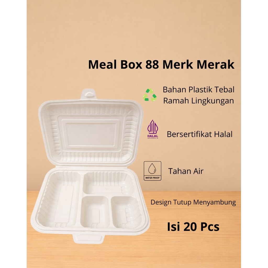 Meal box sekat 4 box88 Merak / mika nasi sekat 4 isi 20pcs warna cream