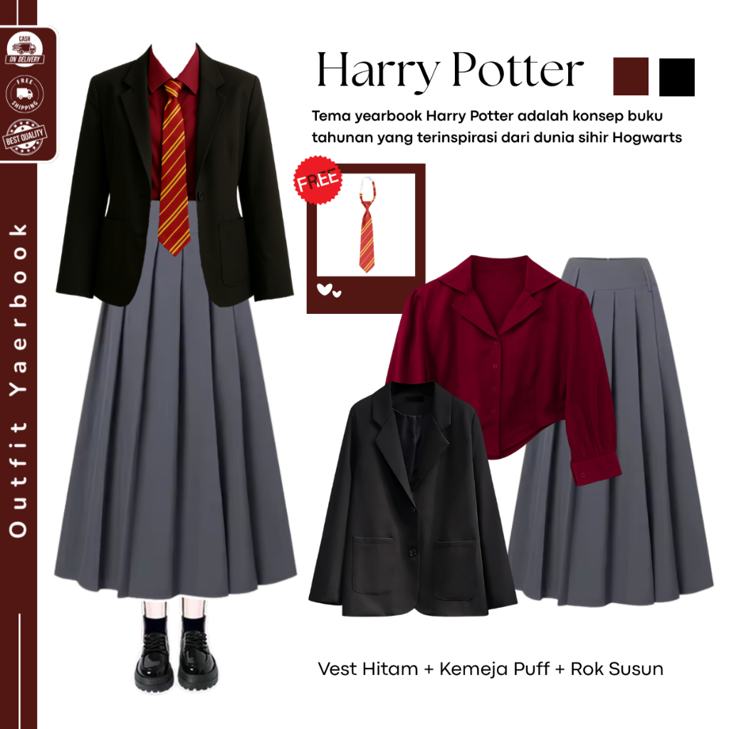 Jinji Setelan Yearbook Harry Potter Viral ( Kemeja Puff + Blazer Hitam + Rok Abu )  Oneset Remaja Wa
