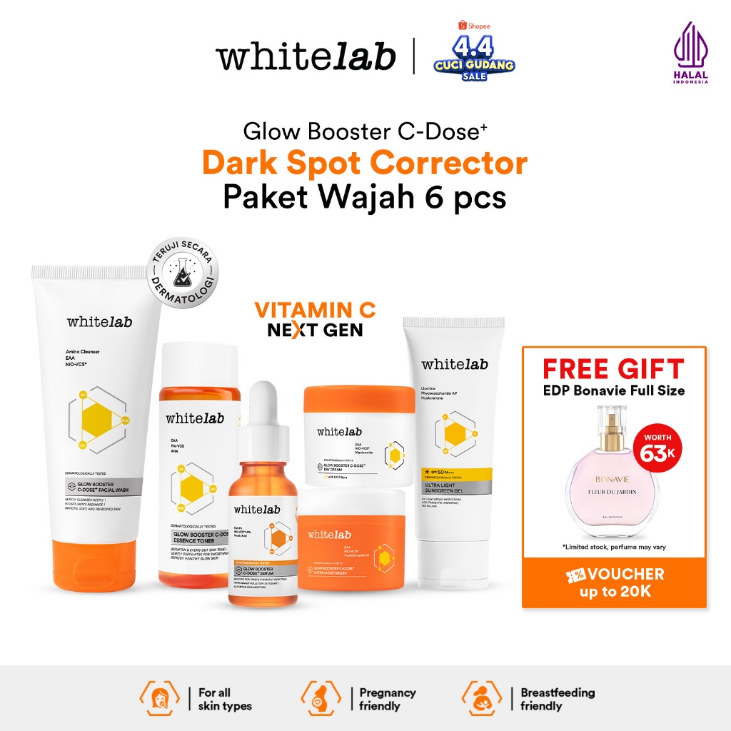 Whitelab 6 pcs Glow Booster C-Dose+ Brightening Paket Wajah - Facial Wash, Toner, Serum, Moisturizer