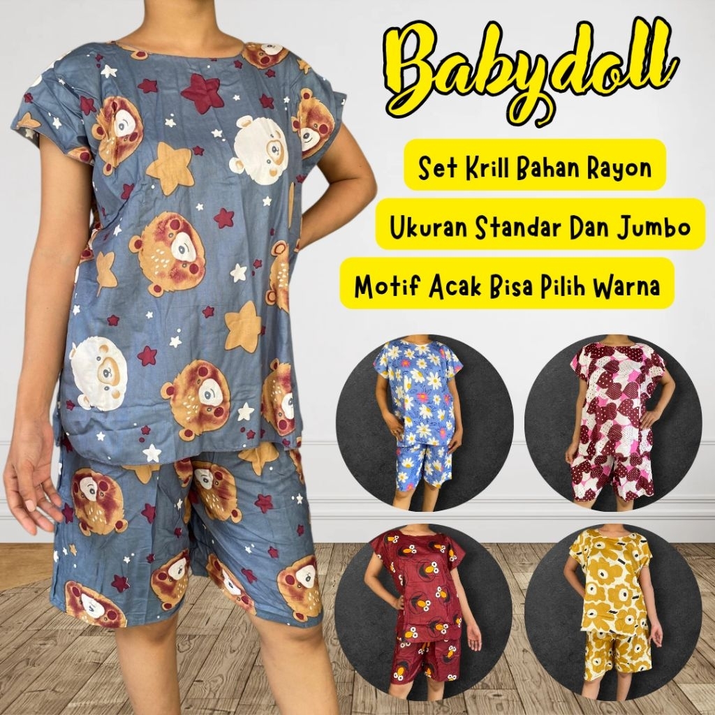 Daster Babydoll Set Kril Model Piyama Baju Tidur Setelan Wanita Celana Pendek Motif Acak