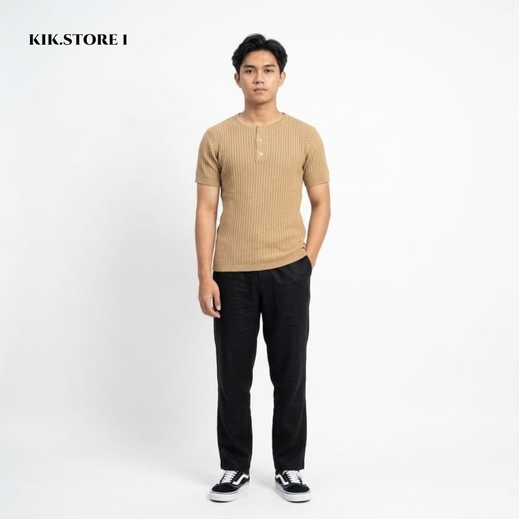 Kaos Pria Rib Henley Lengan Pendek Premium | Kaos Pria Casual Slim Fit Warna Coklat Mocca Kekinian