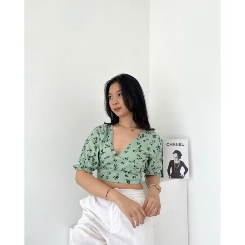 Top Bunga crop top all size baju sexy gaya korea baju wanita lengan balon
