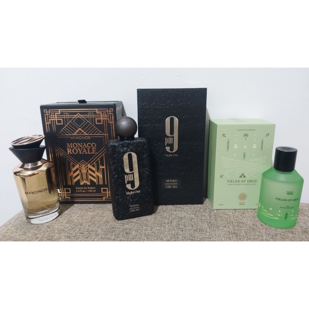 Preloved Parfume MyKonos Monaco Royal 100ml 80% - 9PM Night Out 100ml 98% - Project 1945 Field of Ub