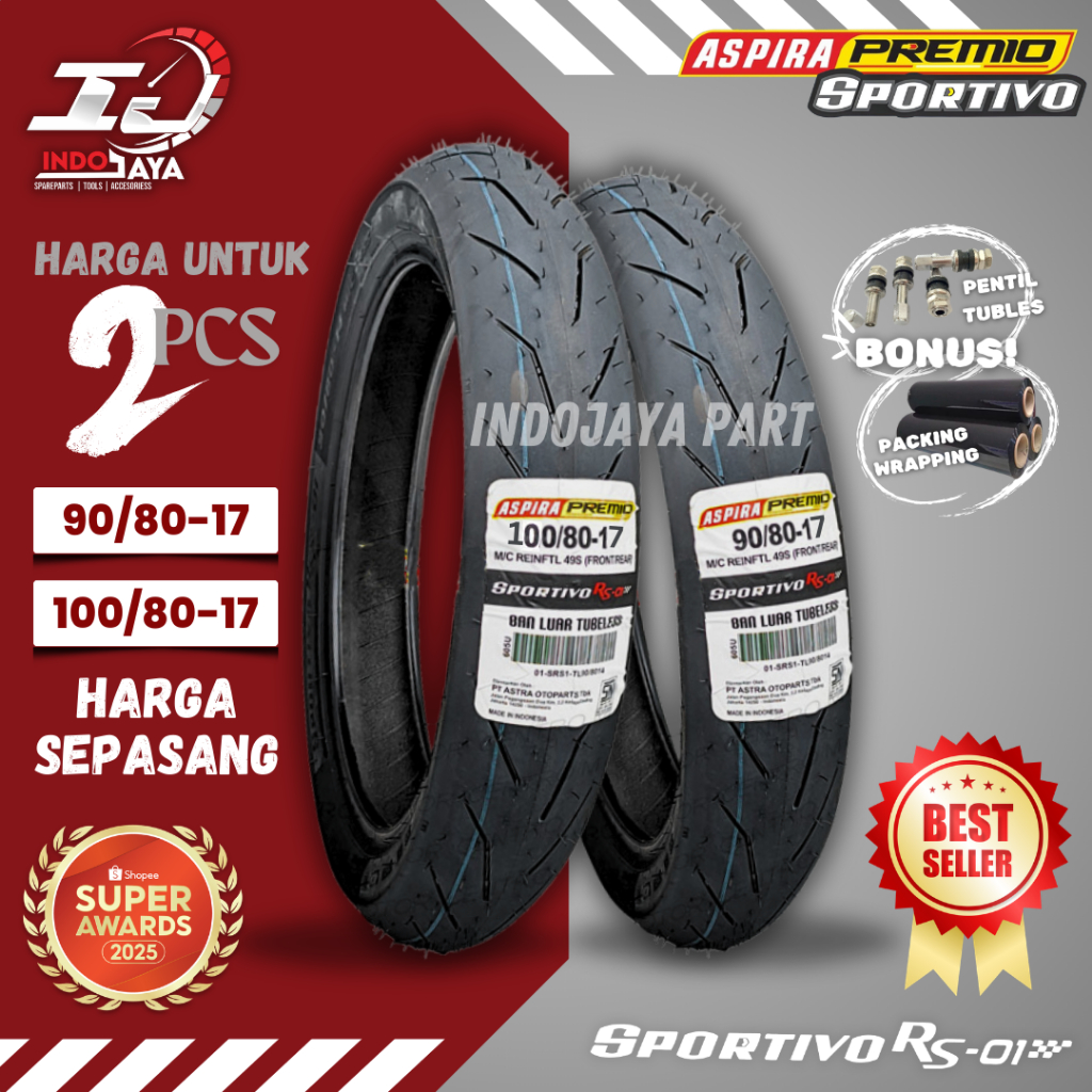 [PAKET SEPASANG] BAN ASPIRA PREMIO SPORTIVO RS01 RING 17  TUBELESS SOFT COMPOUND ( 90/80-17 + 100/80