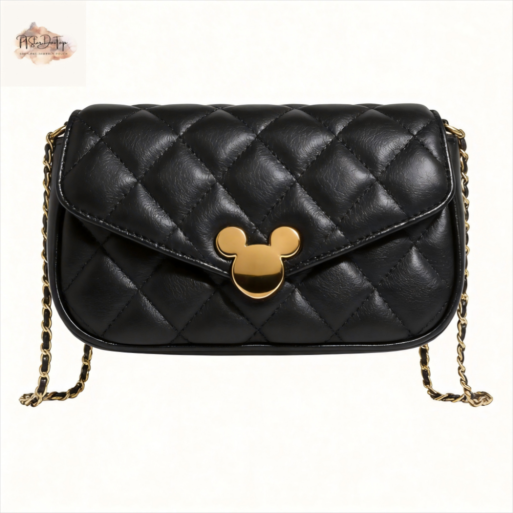 Tas Selempang Wanita Mickey Mouse Quilted - Tas Rantai Hitam Elegan untuk Sehari-hari
