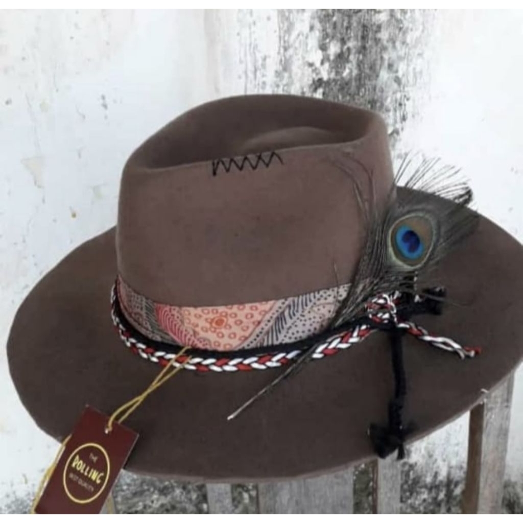 Topi Laken fedora teardrop bulu merak topi Cowboy warna coklat