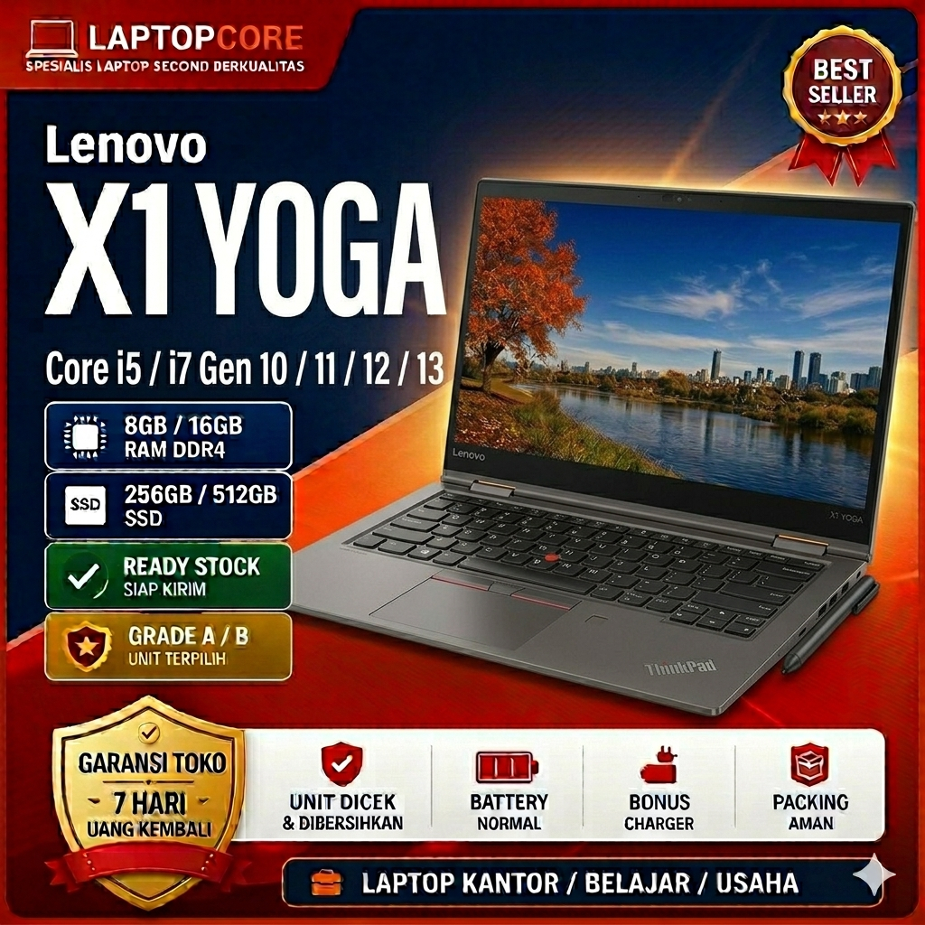 Lenovo X1 Yoga Laptop Second Grade A/B Core i5/i7 Gen 10-13 RAM 8GB -64GB  SSD 256GB-1TB