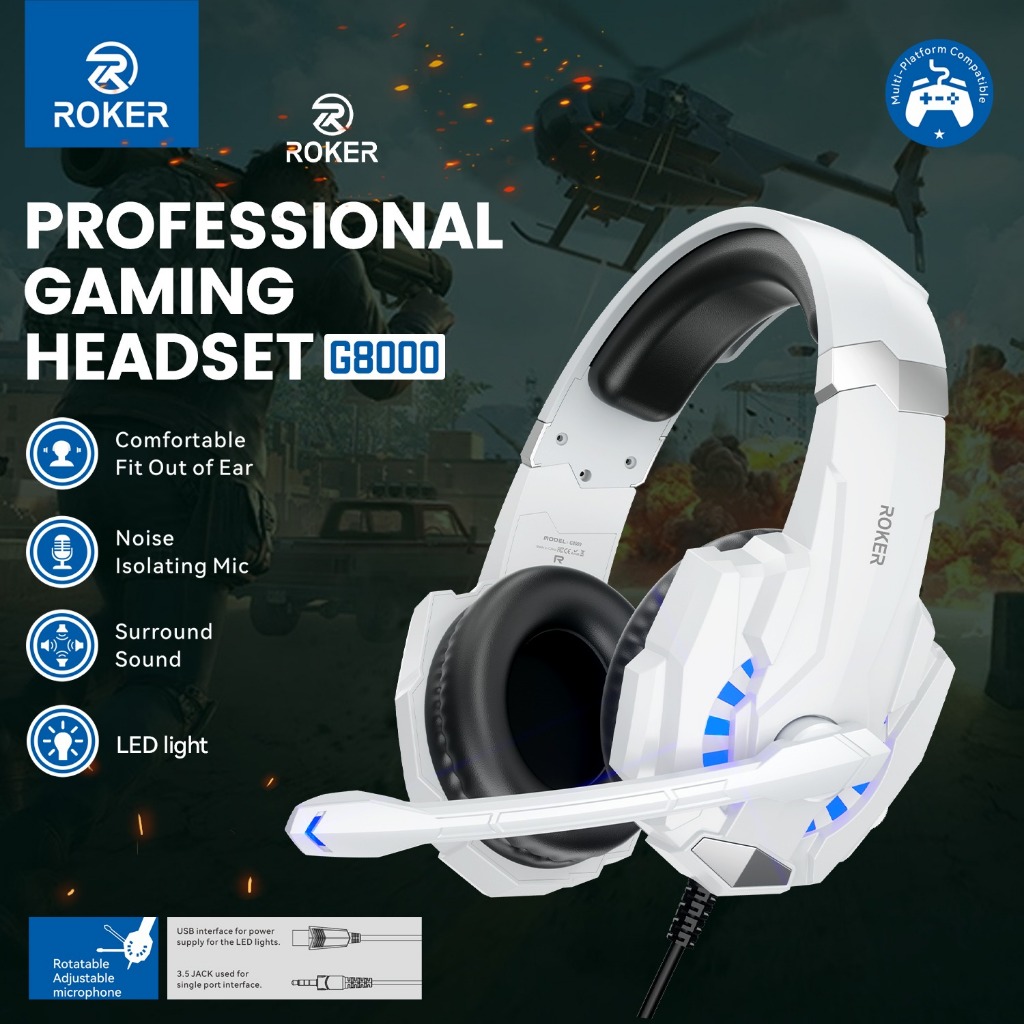 ROKER G8000 Gaming Headset LED RGB – Noise Cancelling Mic, Surround Sound, Headphone Gaming PC PS4 H