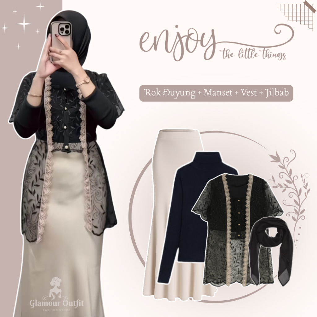 Setelan Outfit Lebaran Remaja ( Manset - Vest Brokat - Rok Duyung - Jilbab ) OOTD Wanita Elegan GO18