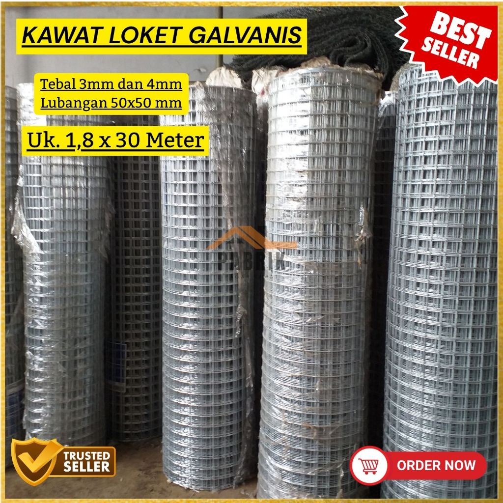 Kawat Loket Galvanis / Kawat Mesh / Kawat Wiremesh Tebal 3mm dan 4mm Lubangan 5x5cm UK. 1,8X30 Meter