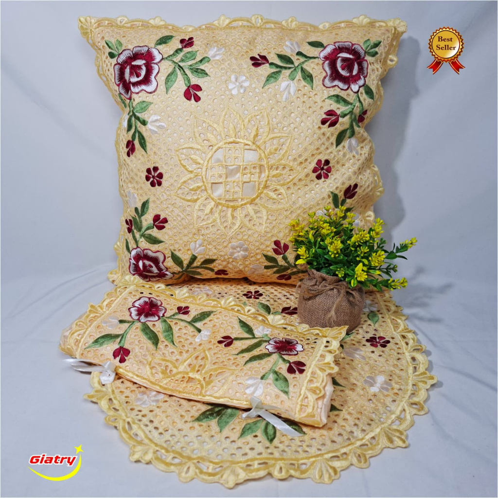 Set sarung bantal kursi bordir edisi krem/ caver bantak sofa/ taplak meja tamu/ meja makan/sarung ba