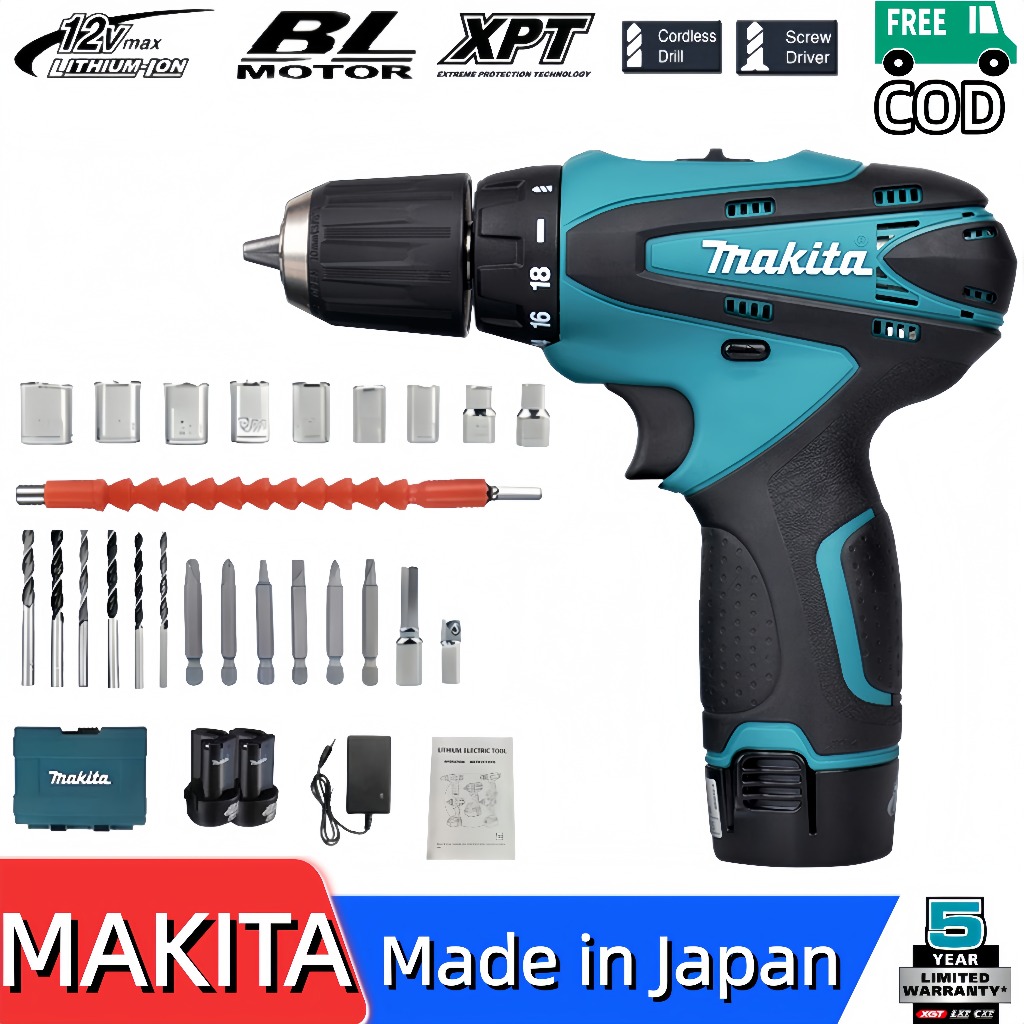 Garansi 5 tahun, bor lithium-ion MAKITA DF330, obeng 12V, dilengkapi dengan baterai ganda, obeng rum