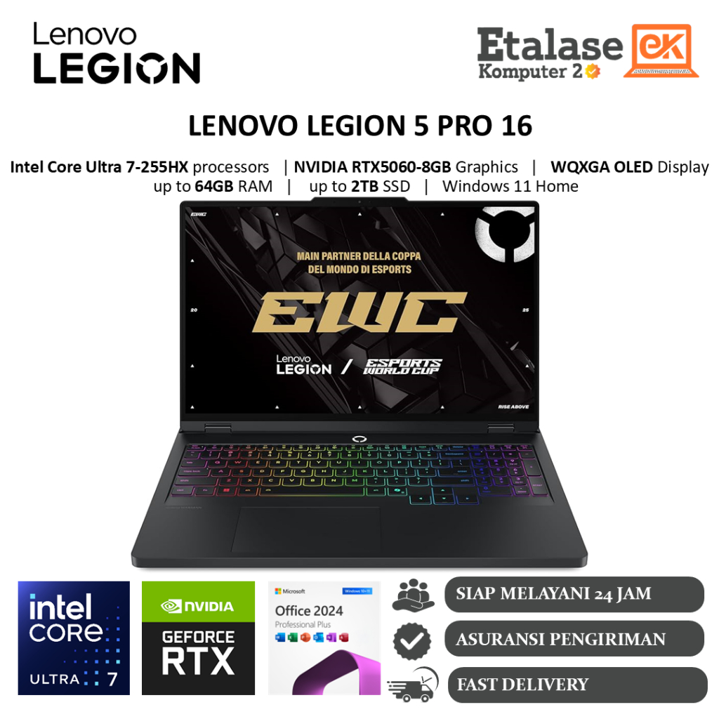 Lenovo Legion 5 PRO 16 INTEL ULTRA 7 255HX RAM 64GB DDR5 2TB SSD RTX5060-8GB OLED 100% SRGB 165Hz