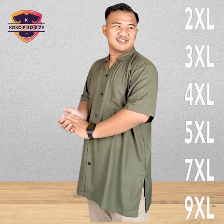 Kemeja Hawai Jumbo Polos Pria Tangan Pendek Army