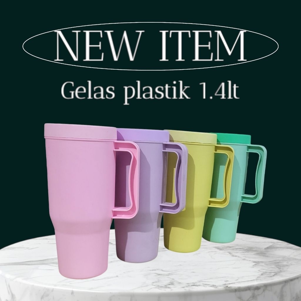 Mug sumba/ Mug Tumbler plastik dengan tutup 1,4 liter warna doft seperti tumbler stainless