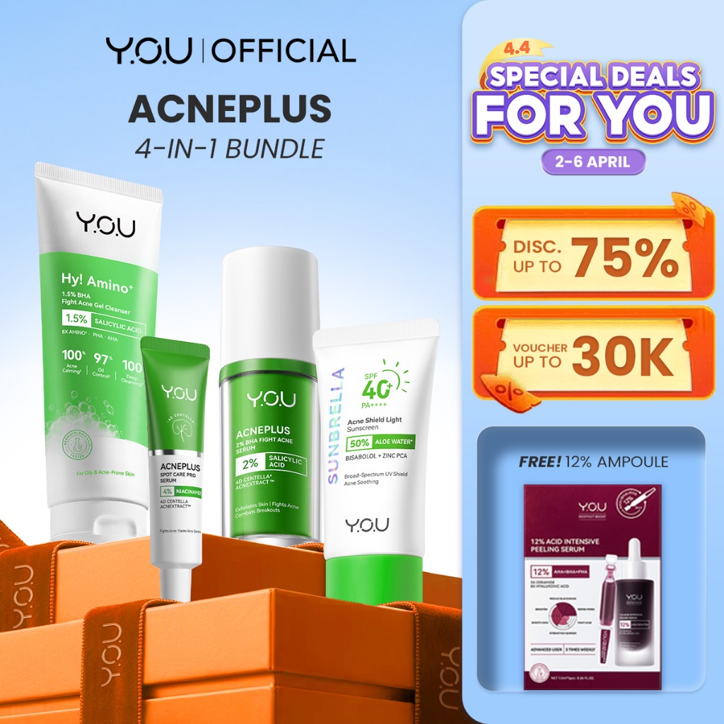 YOU Acneplus 4in1 Bundle Exfoliating Toner, Acne Spot, Serum, Hy Amino+ 1.5% BHA Fight Acne Gel Clea