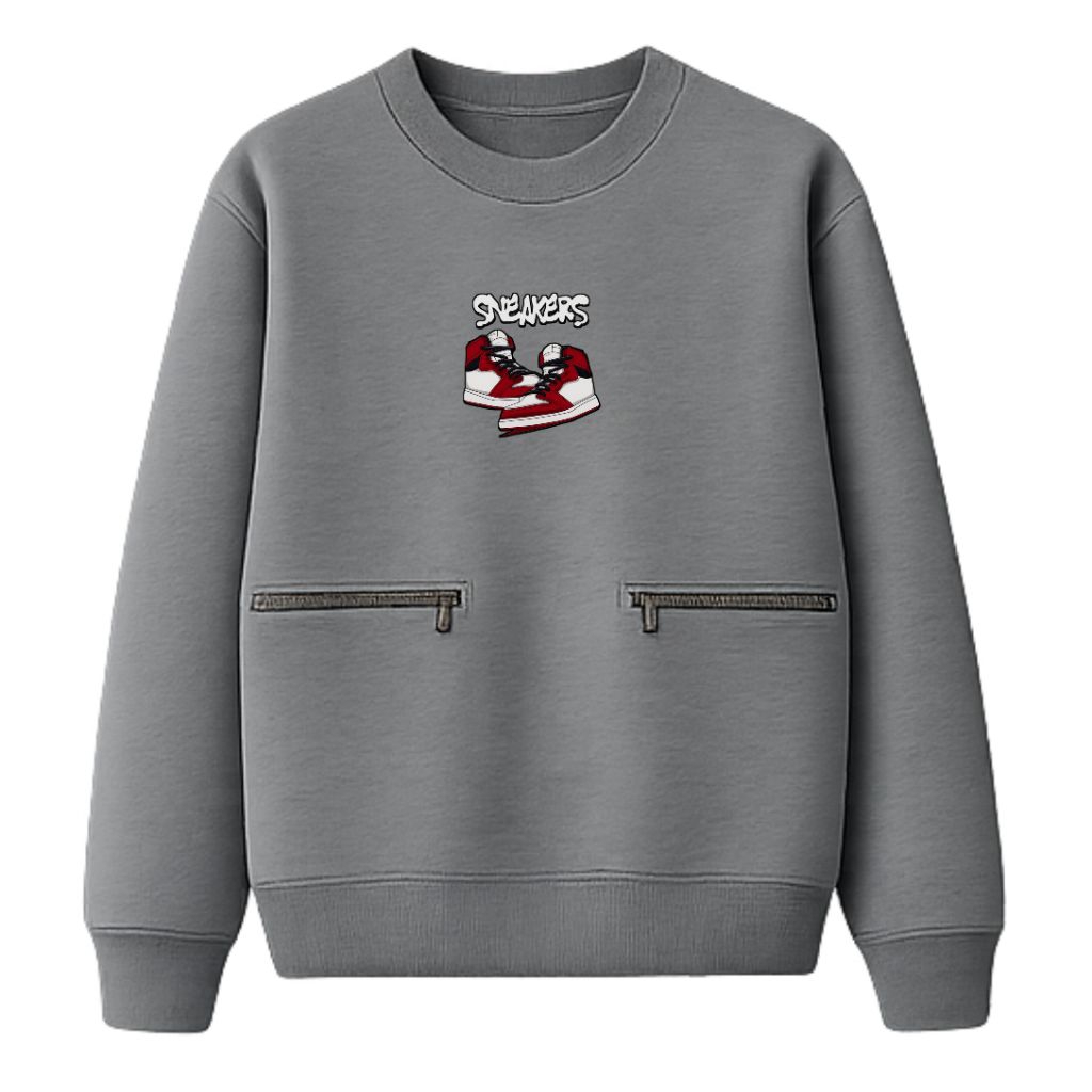 Sweater Crewneck Pria Wanita Premium sablonan SNEAKERS – Saku Resleting Depan Casual Streetwear