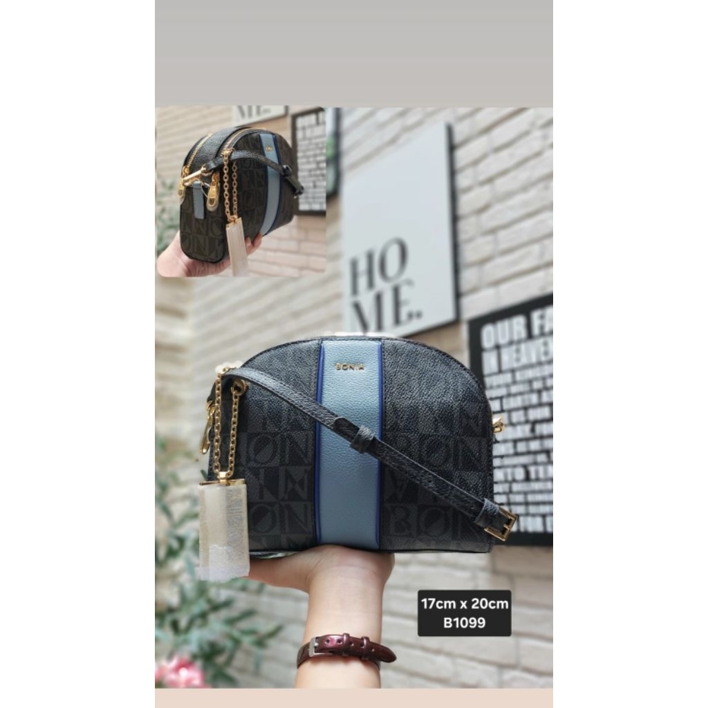 tas selempang 2 Zipper mono hitam Lis biru Bonia ori
