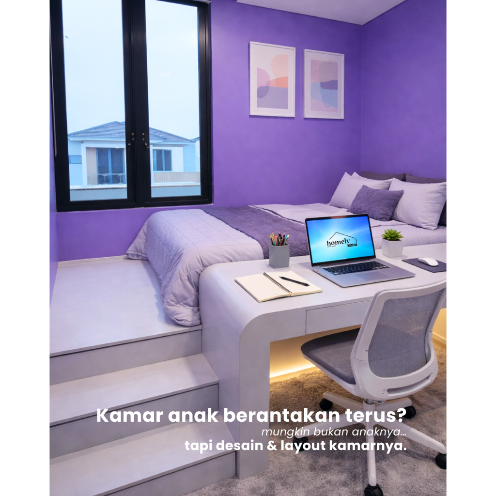 Interior Kamar Anak Minimalis Custom Full Set | Dipan Meja L Lemari + LED | Desain & Produksi
