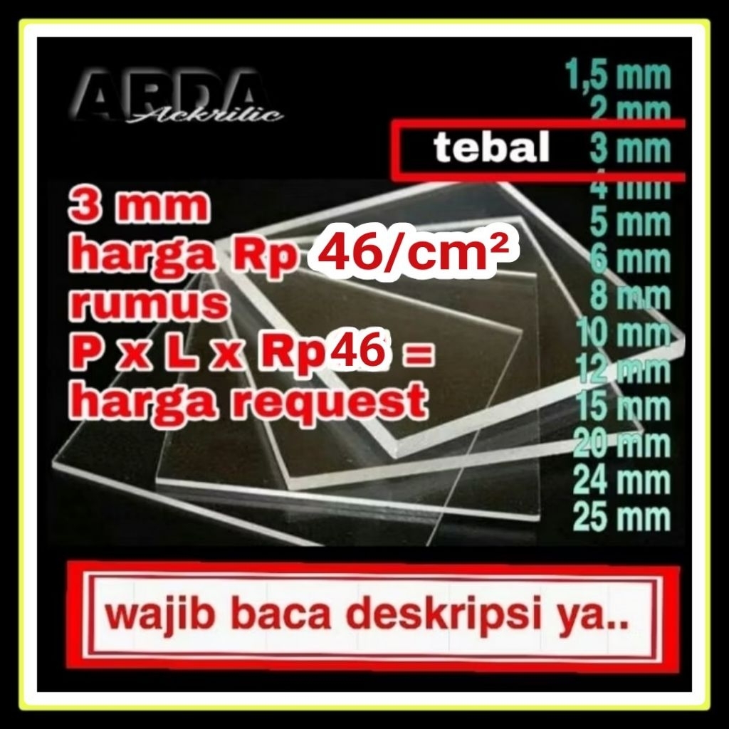 Akrilik 3mm bening custom size Akrilik lembaran/Akrilik transparan/Akrilik bening marga cipta Mika a