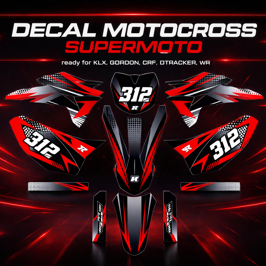 Decal Motocross Supermoto Hitam Merah Untuk KLX, GORDON, CRF, DTracker, WR, Motif Sporty